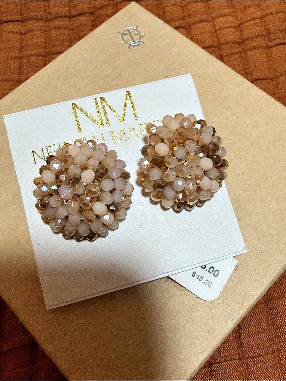 Neiman Marcus Beaded Cluster Earrings in Brown & Pink NWT